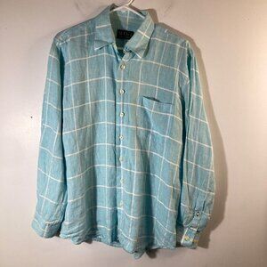 Mens Mine Linen Button Shirt Long Sleeve Plaid‎ Aqua White M